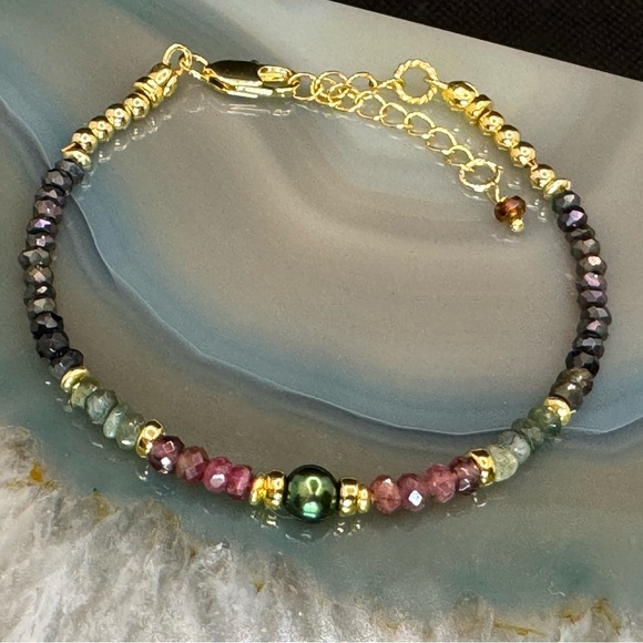 Tourmaline, Peacock Freshwater Pearl, Spinel  Gold Vermeil Bracelet - Picture 5 of 6